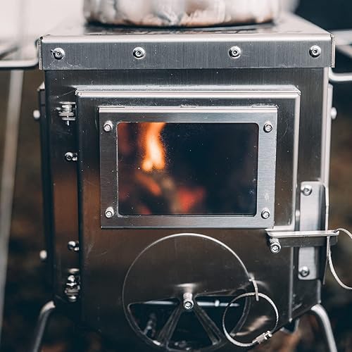 Miniatura 3 de XCMAN Estufa de leña para tienda de campaña con tubos de chimenea de 6 secciones, estufa de leña portátil de tres vistas, refugios de pesca en