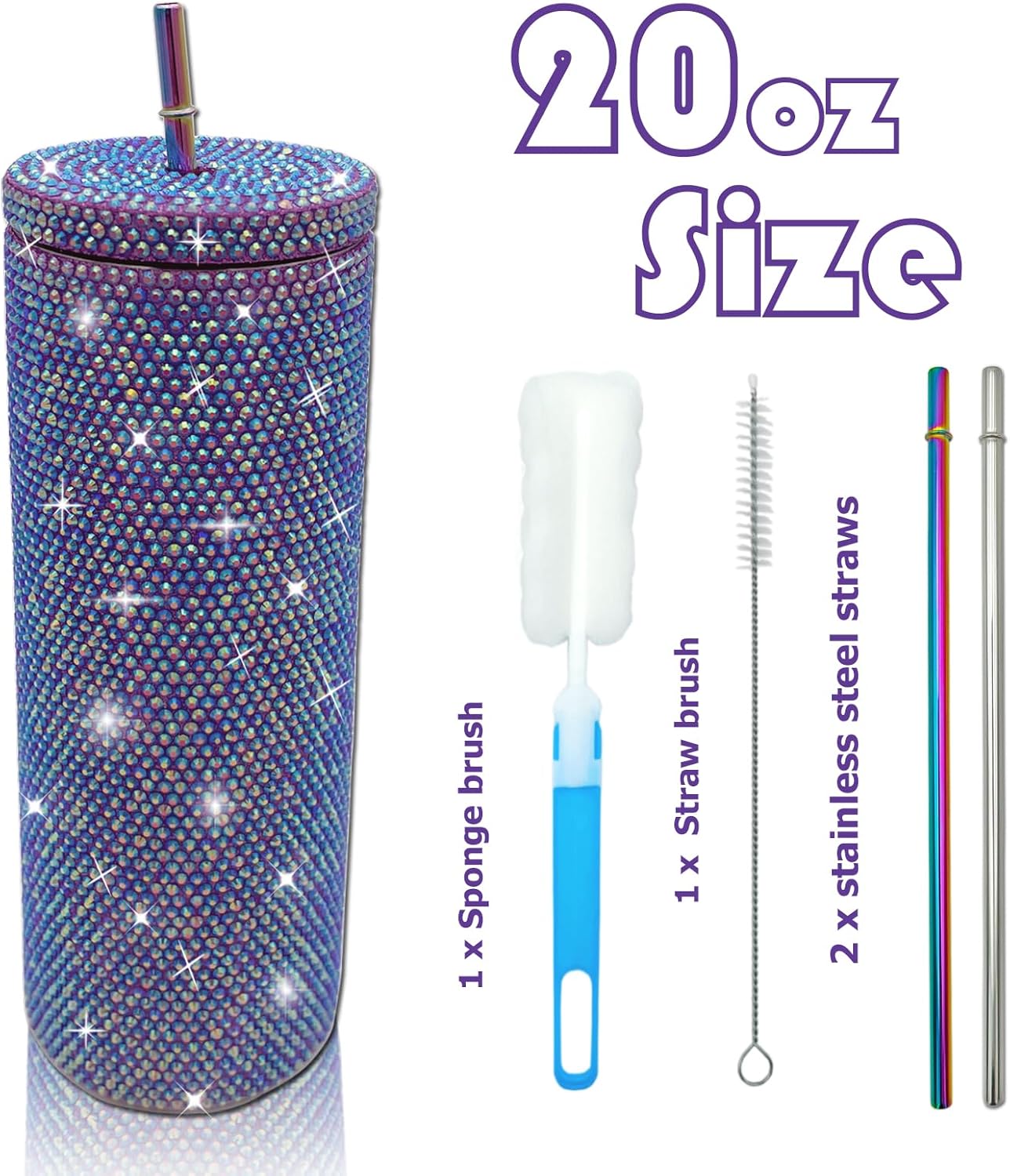 20oz Bling Diamond Tumbler with Lid and Straw Studded Skinny Tumbler Stainless Steel Vacuum Insulated Water Bottle Double Wall Iced Coffee Mug Reusable Glitter Cups (Purple AB) - Image 4