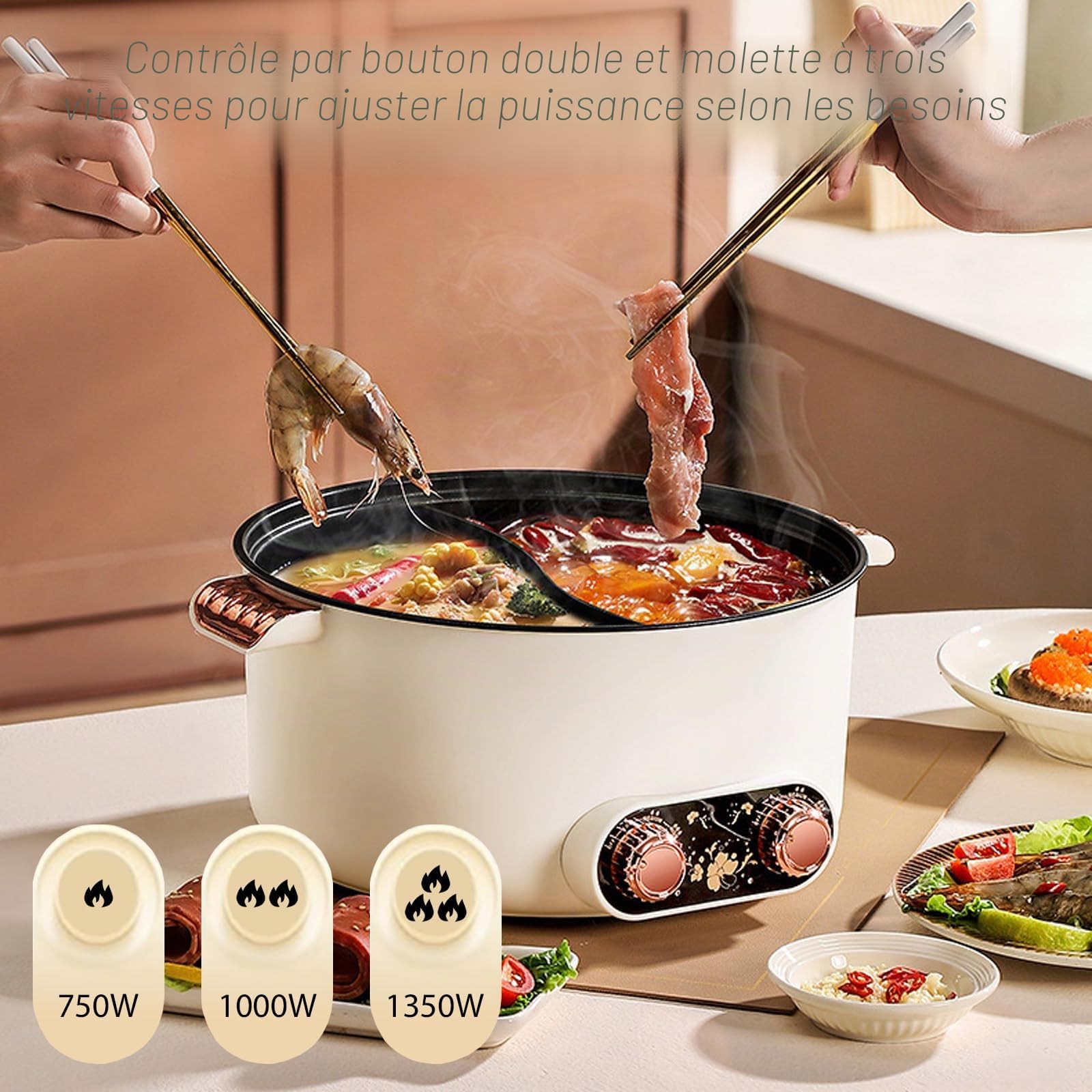Casserole électrique 5L Kensbro - Chauffage rapide 1350W, Double bouton rotatif, Revêtement antiadhésif, 3 niveaux de température - Idéale pour soupe, steak et nouilles