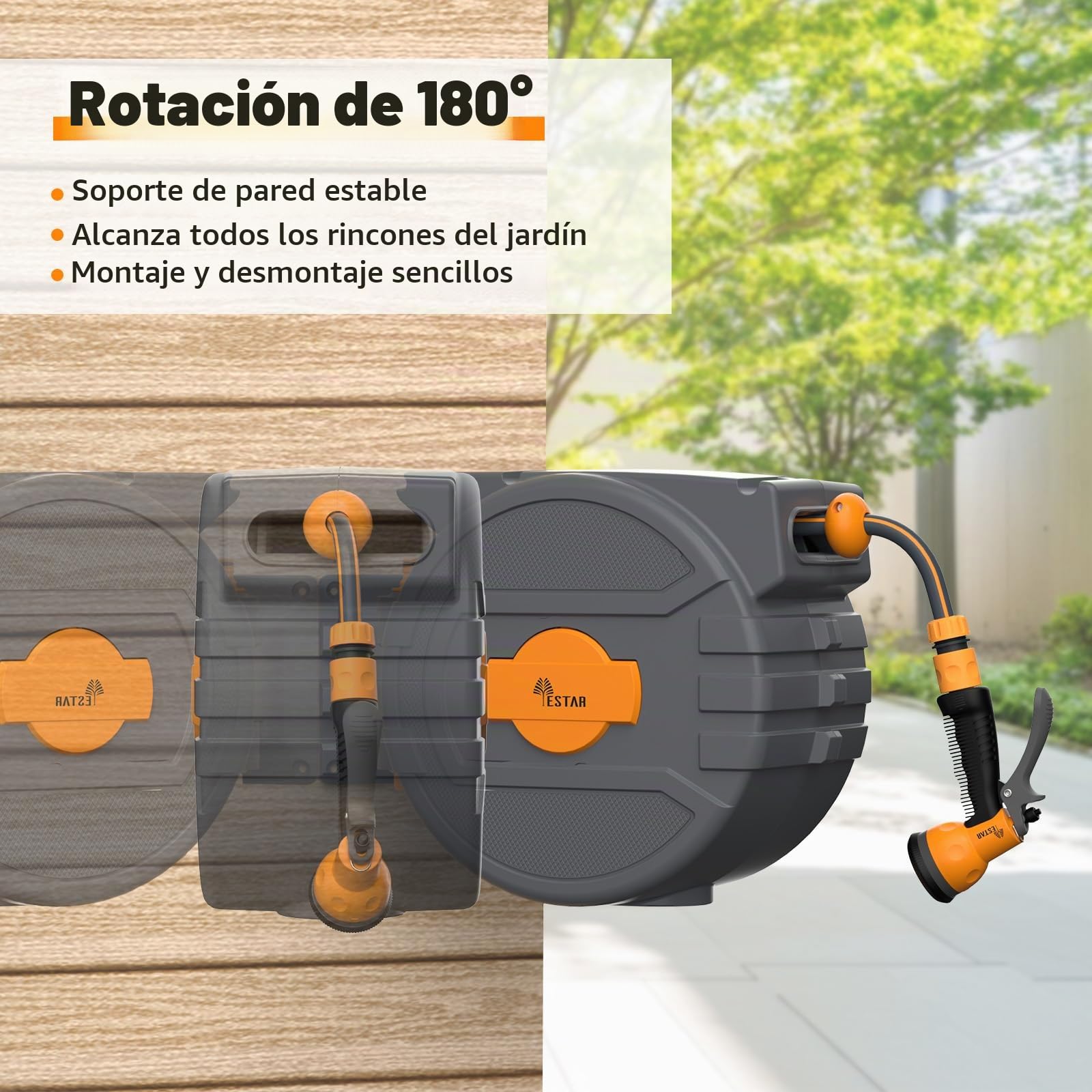 Carrete de manguera de 25 m + 2 m, con rebobinado automático y rotación de 180°, caja de pared con tope de bloqueo y 7 boquillas de chorro, para riego de jardín y lavado de coche