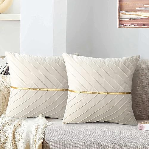 Miniatura 5 de Tosleo Fundas de almohada de terciopelo beige de 18 x 18 pulgadas, paquete de 2 con fundas de almohada decorativas de cuero dorado para sofá, fundas