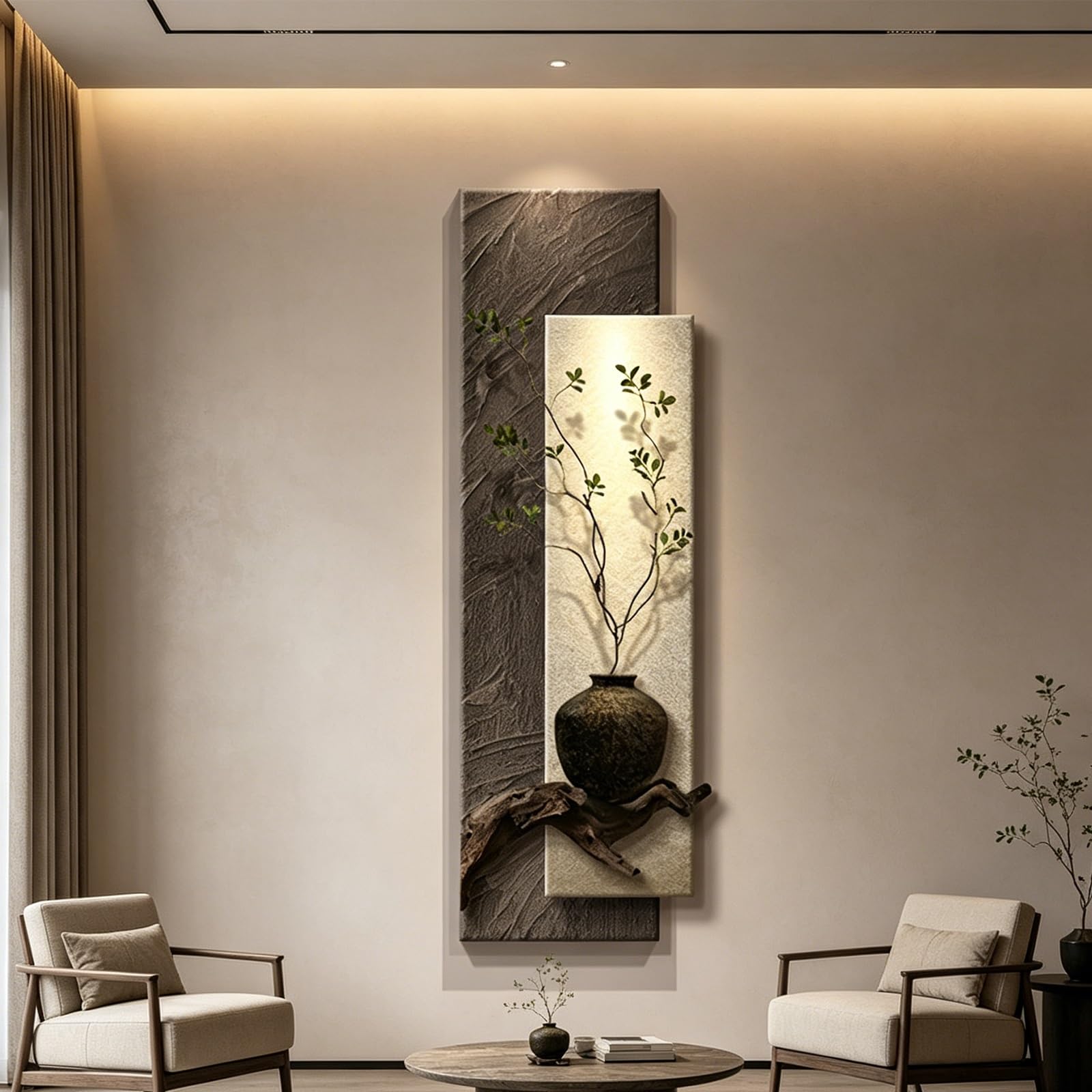 PGZMDTWI 3D Wall Art with Sandstone Texture, LED Lighted Sculpture for Living Room Entrance Zen Décor(B,50 * 150CM 9.7 * 59.1)