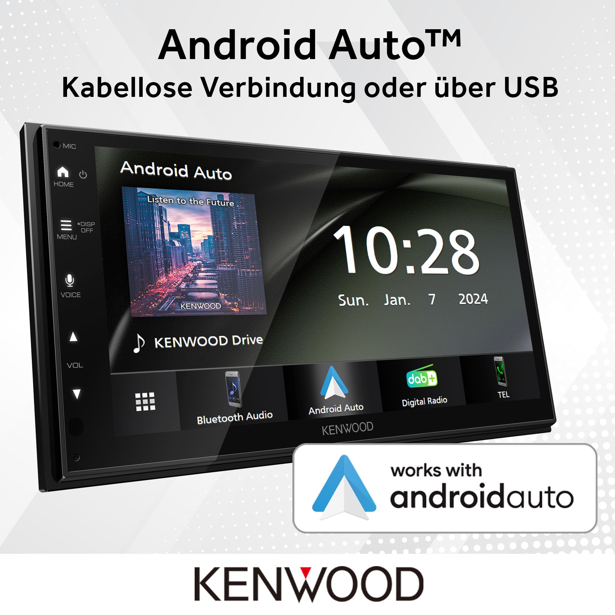 Kenwood DMX6523DABS - 17,3 cm WSVGA Moniceiver mit DAB+/FM, Wireless CarPlay & Android Auto, Apple & Android Wireless-Mirroring, Bluetooth, kapazitivem Touchpanel, DSP, 4 x 50 Watt, 3 x Pre-Out 2,5V