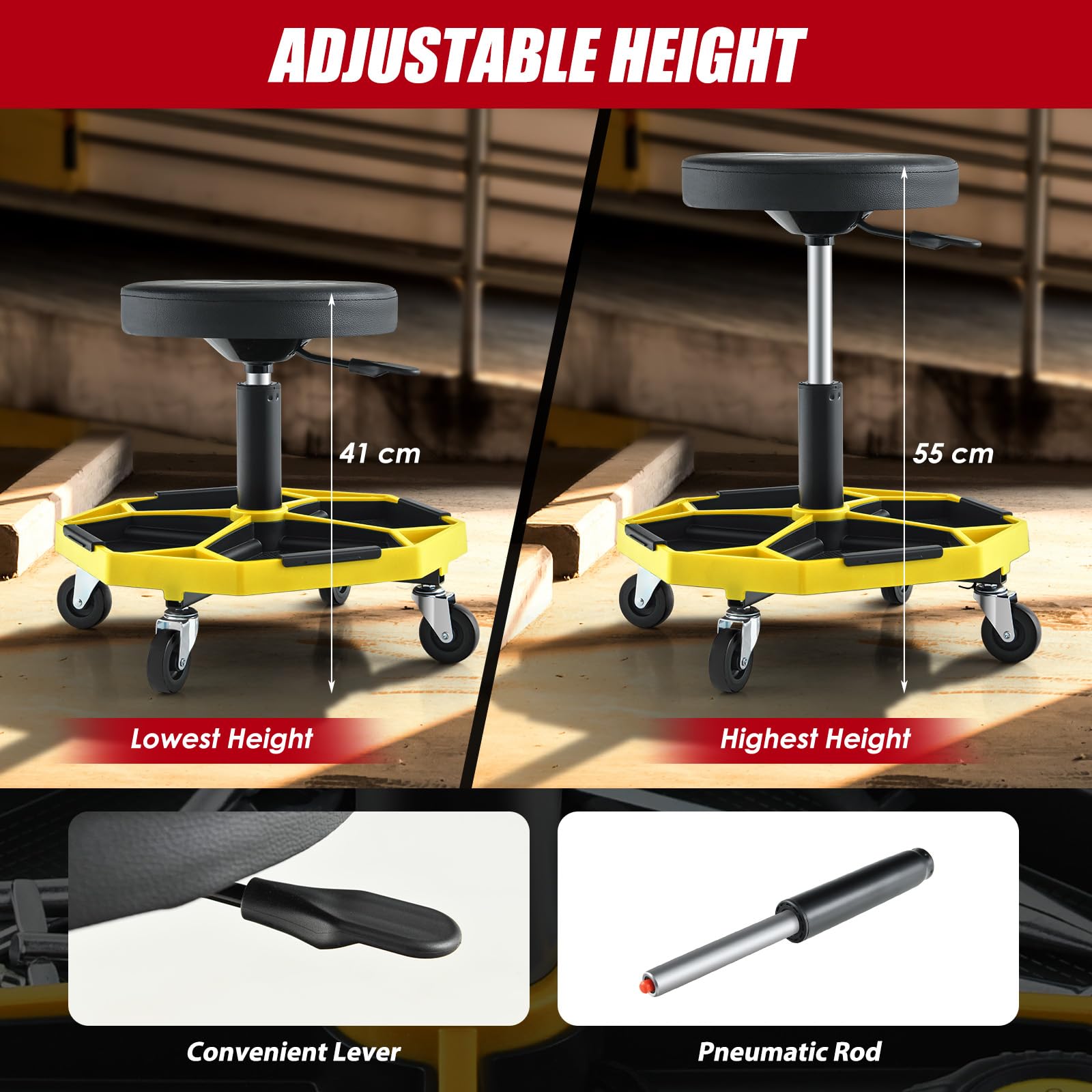 SOARS Sgabello rotelle, seduta ergonomica regolabile in altezza 41-55 cm, sgabello con vassoio magnetico rimovibile per riporre attrezzi, carico massimo 150 kg, per officina, garage (giallo)