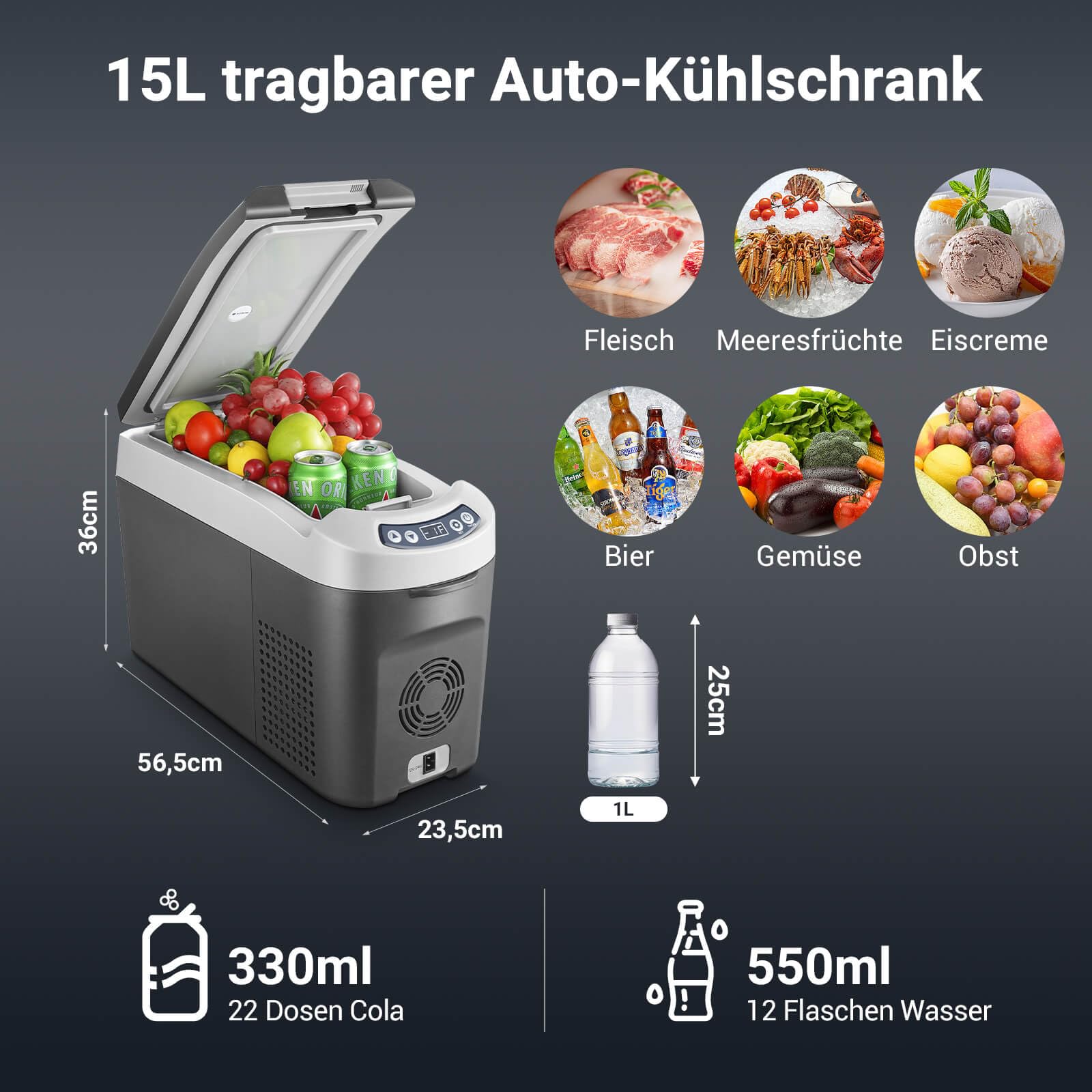 AAOBOSI Kompressor Kühlbox 15 Liter, Kühlbox Auto -20℃~20℃, Kühlbox Elektrisch 12/24V für Auto, Lkw, Boot, Reisemobil und Steckdose