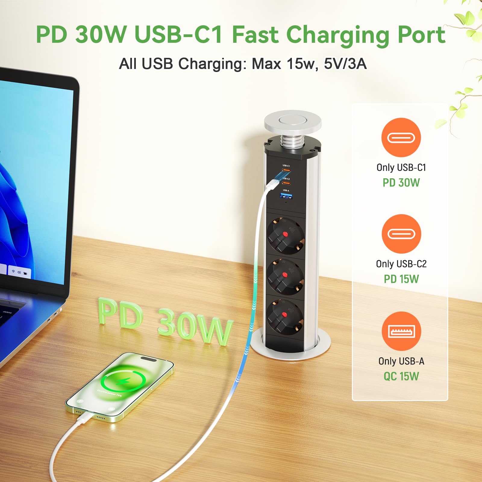 Inschuifbaar stopcontact, 3-voudig, inbouwstekkerdoos met 4 USB en tafelstopcontact, 2 m kabel, zwart
