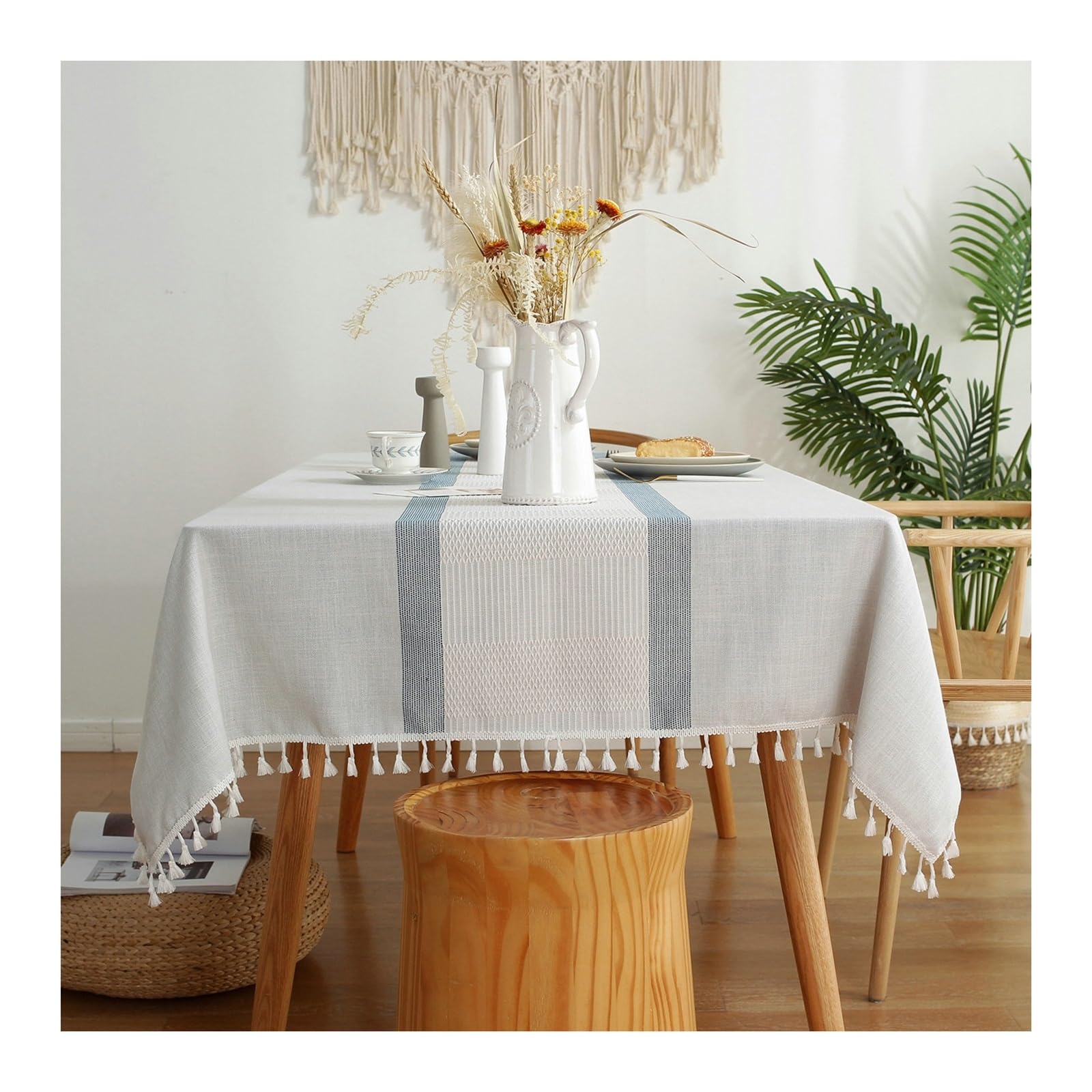 Nappe bleu clair à double rayures 140x200 cm pour table rectangulaire