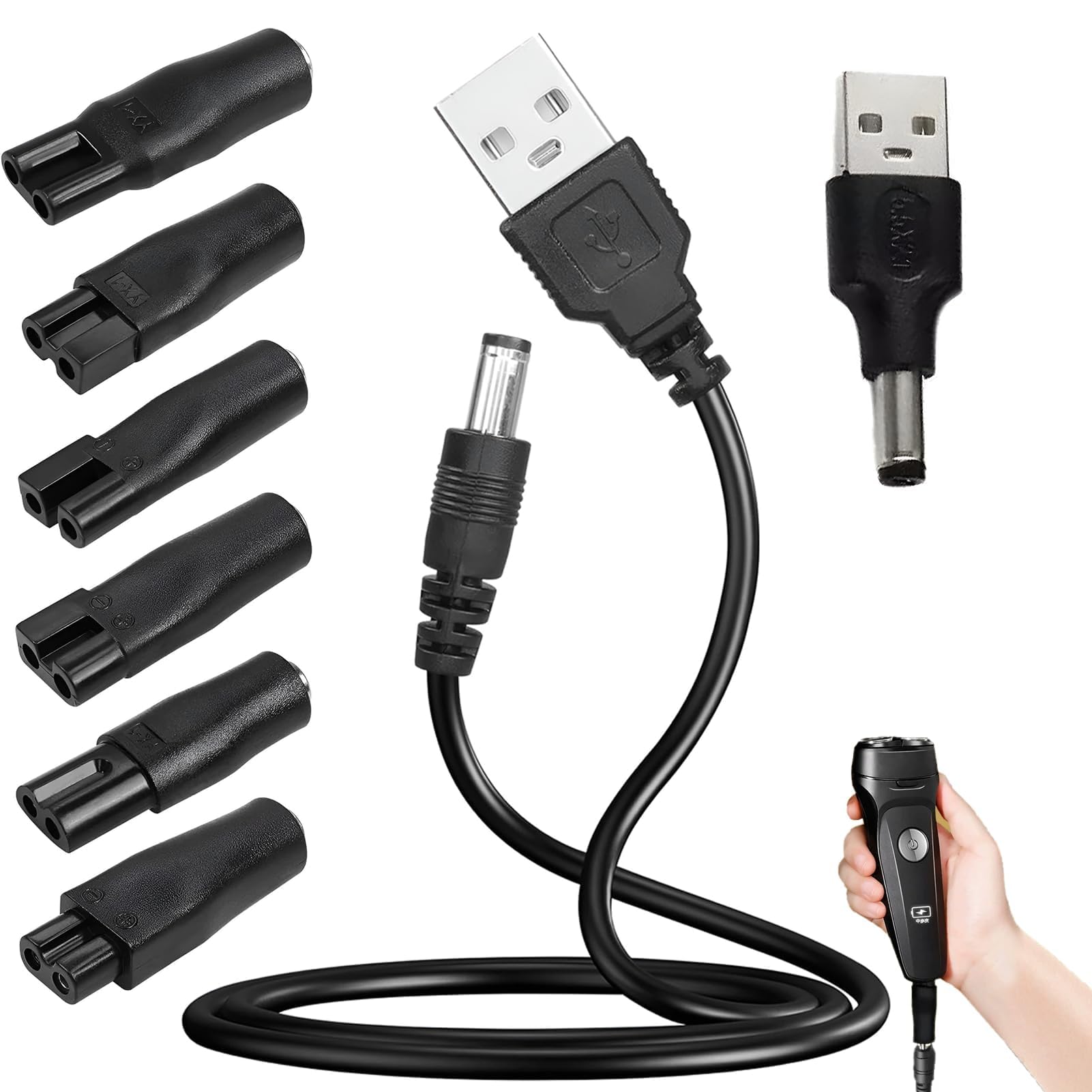 8 pezzi caricatore da rasoio,5 V USB caricatore da rasoio, cavo universale, cavo di alimentazione USB con 6 connettori adattatori per rasoio elettrico, per una varietà di rasoi/purificatori/tavolo