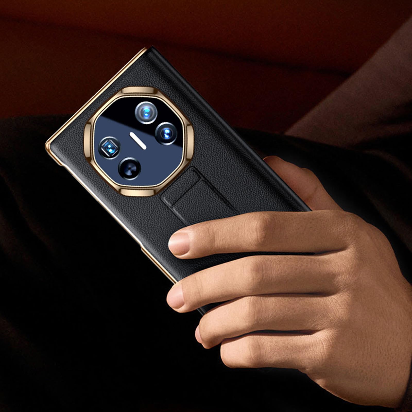 Czarne, Mate XT, etui do Huawei Mate XT, przezroczyste okienko z klapką z prawdziwej skóry z paskiem na nadgarstek podpórka luksusowe etui odporne na wstrząsy