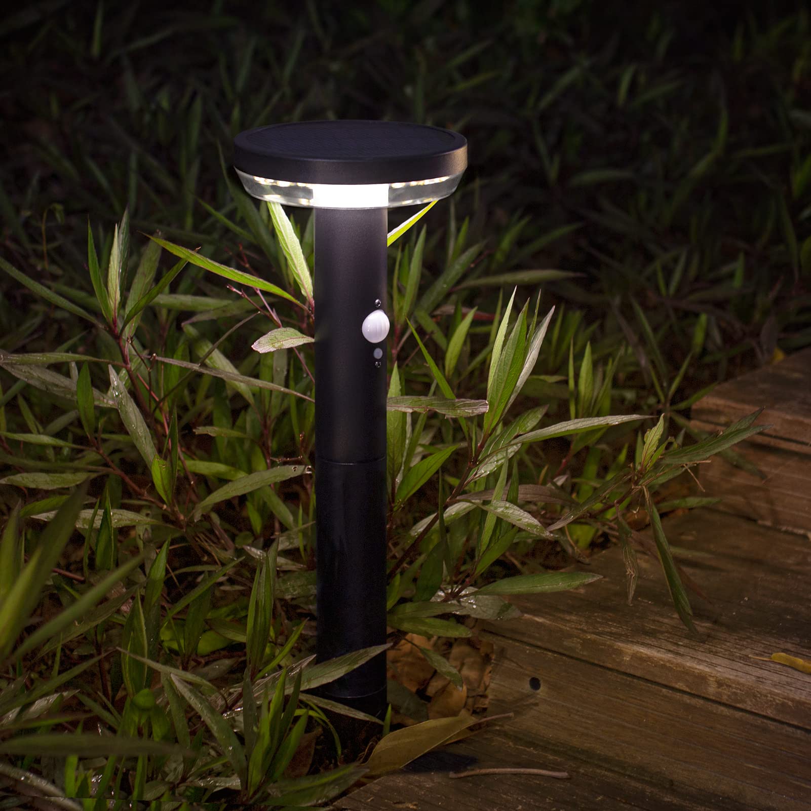 DAWALIGHT Lampada Paletto Solare LED Esterno 3000K IP44 Impermeabili Pali Luminosi 3 Modalità Sensore Movimento da Palo per Giardino Percorsi Prato, Acciaio Inossidabile, Nero