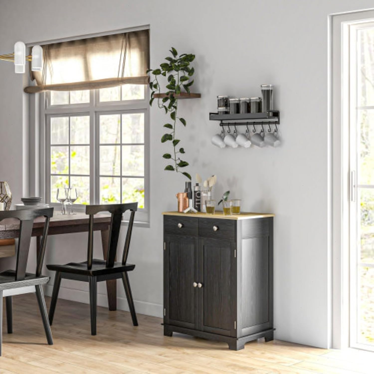 Sideboard Buffet Cabinet with Solid Wood Countertop, Modern Kitchen Storage Cabinet, Coffee Bar Cabinet with 2 Drawers, Doors and Adjustable Shelf, Black