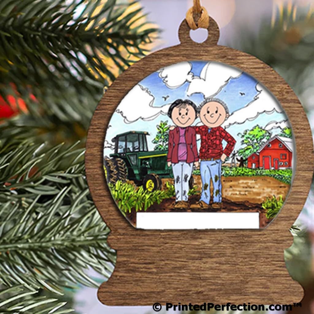 PrintedPerfection.com Personalized Famer Couple Wooden Snow Globe Shaped Christmas Ornament