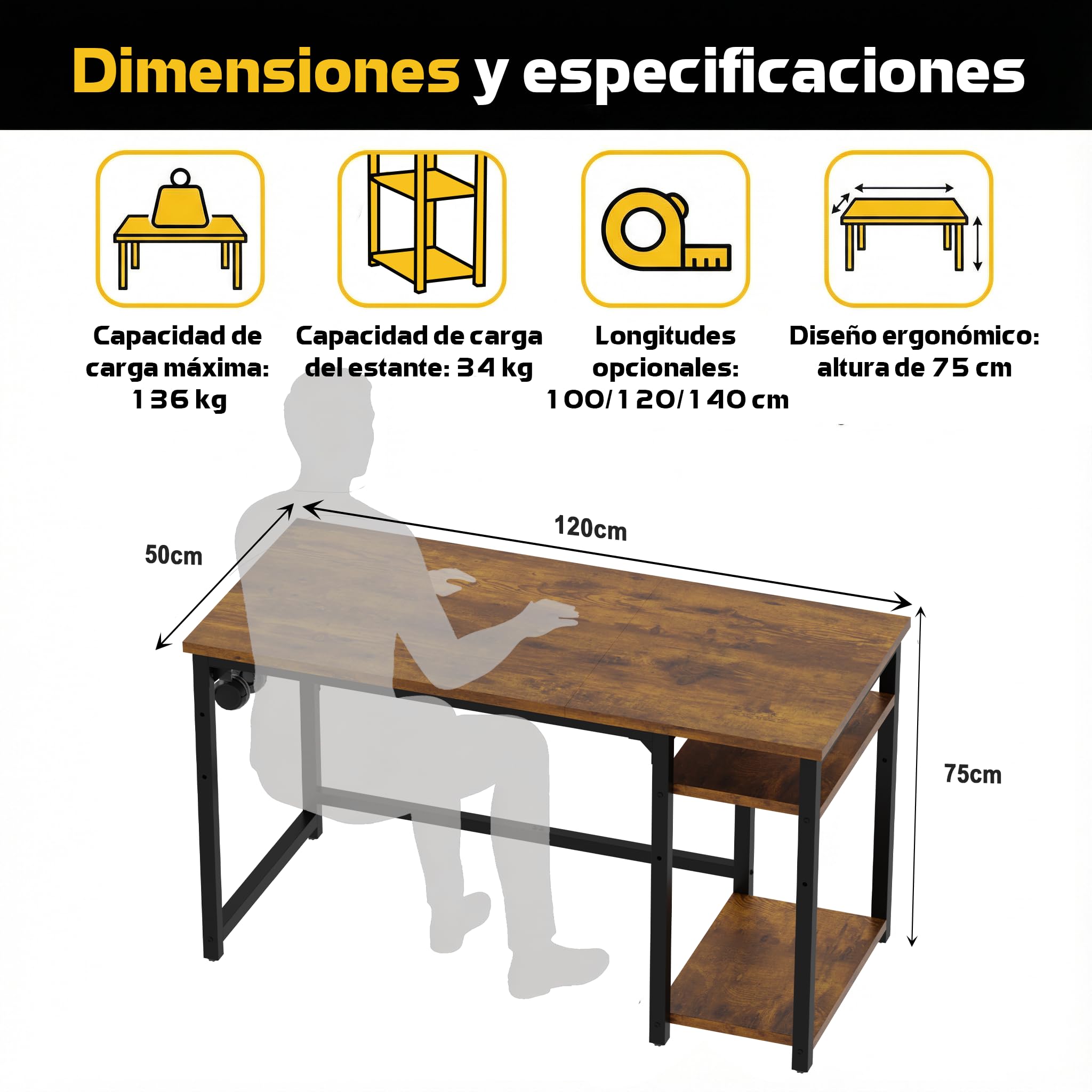 Airfish Mesa Escritorio, Escritorio Ordenador con Estanteria, Mesa de Juego, 120x50x75cm, con Estante Organizador, Gancho para Auriculares, para Oficina, Dormitorio, Sala de Estudio Marrón