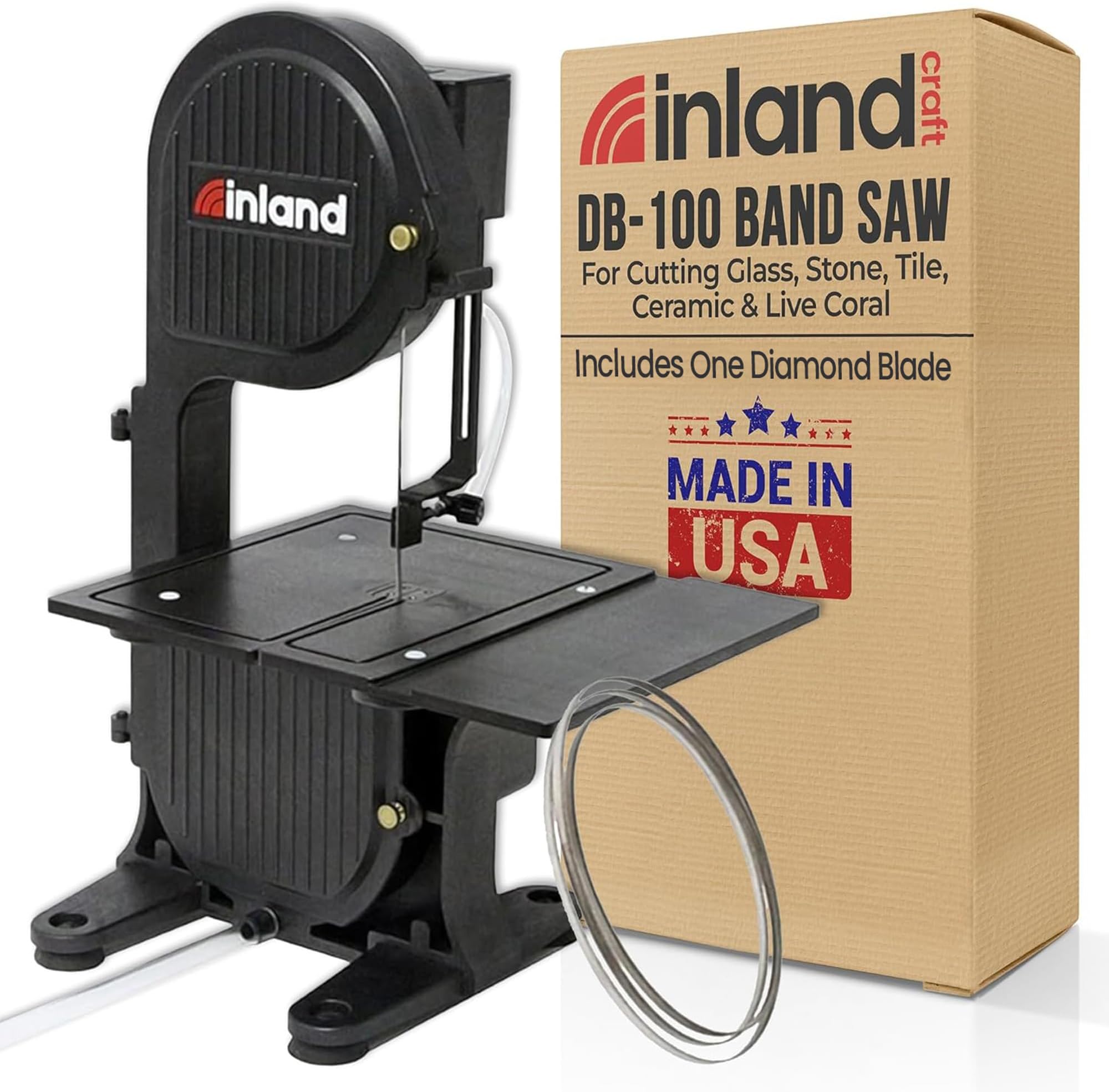 Inland Craft DB-100 Band Saw Machine for Cutting Stained Glass, Stone, Plastic, Wood, Metal, Coral - Band Saws for Woodworking, Metal Cutting Bandsaw - Includes Diamond Blade - Black