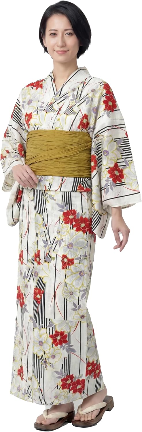 Dita Women's New Separate Yukata Set with Easy Wearing Top, Wrap Skirt, and Pleated Heko Obi Belt (Japanese Casual Kimono)