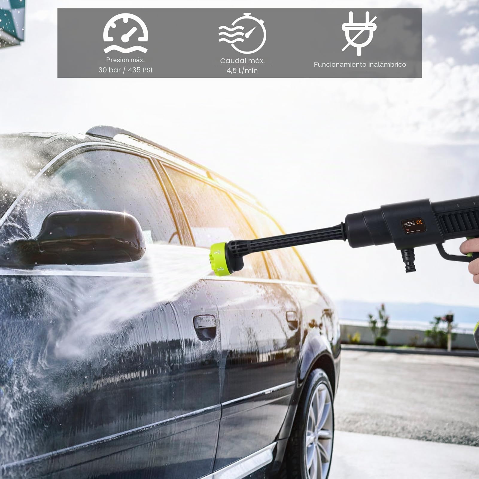 Shkalacar 21 V limpiador de alta presión con batería, pistola de limpieza a presión manual con 1 batería, batería incluida, con boquilla 6-en-1, rociador de espuma portátil para regar, limpiar, lavar