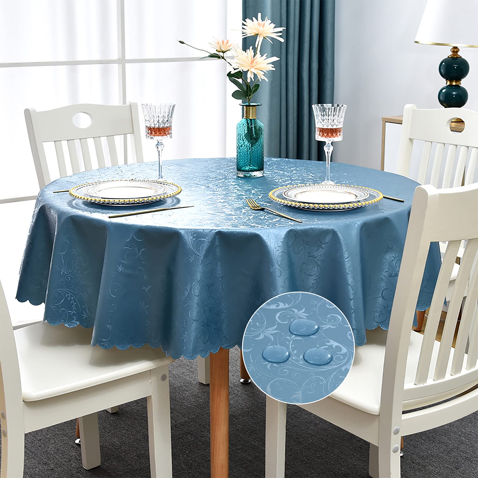 Romanstile Waterproof Vinyl Tablecloth Round, 60 x 60 Inch, Flower Blue