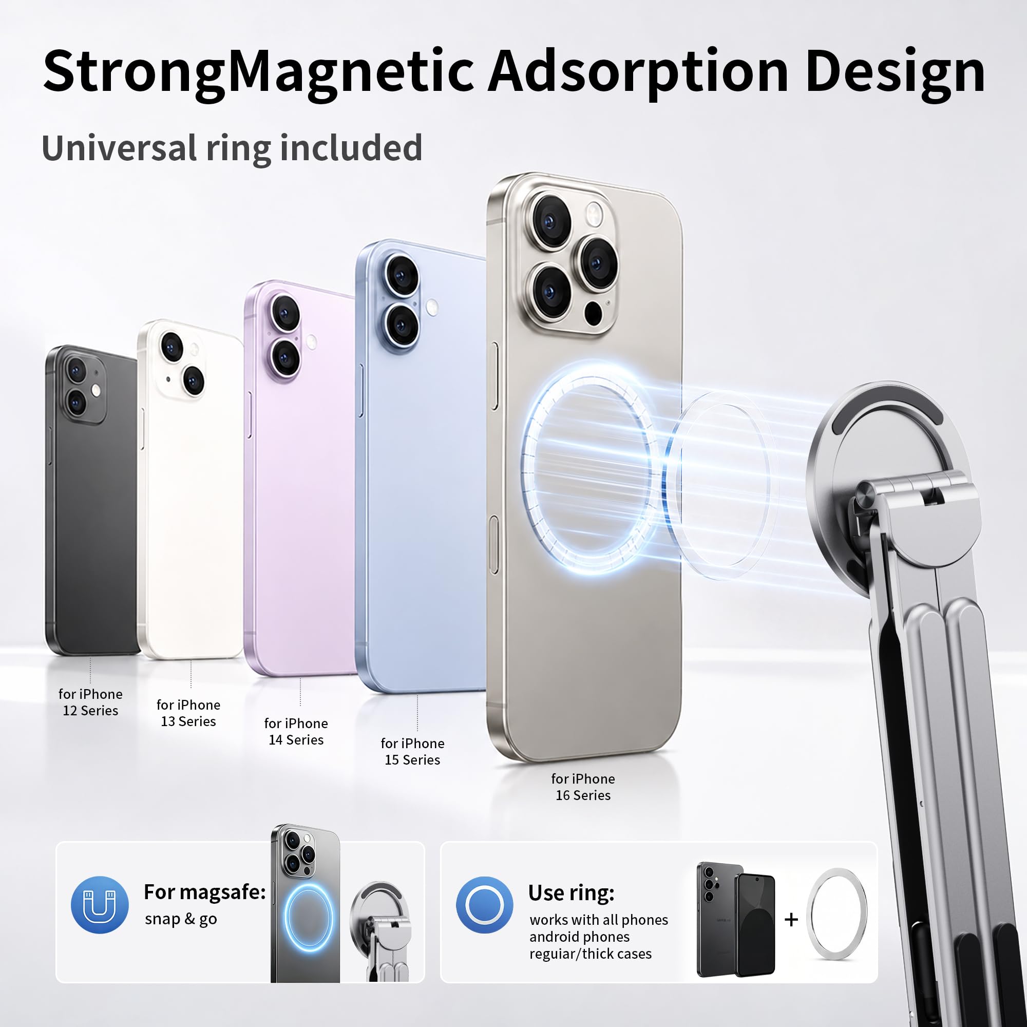 Soporte magnético plegable versátil 3 en 1 para teléfono, tableta y laptop, soporte ergonómico de aleación de aluminio de 8 niveles de altura ajustable para escritorio, soporte portátil para