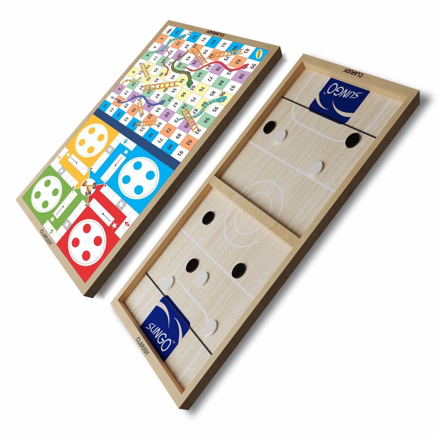 Clapjoy 3 in 1 Fastest Finger First Board Games for Adults & Kids Wooden String Hockey Game Sling Puck Board Hockey Toy Perfect for Family (Slingo with Game) 2 Player, Air Hockey