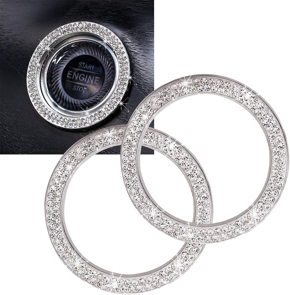 KASTWAVE Car Supplies One-Key Start Button Decorative Ring, 2 Pcs Diamond-Set Crystal Ignition Ring Car Volume Button Decorative Ring, Bling Car Interior Accessory for Women, Silver