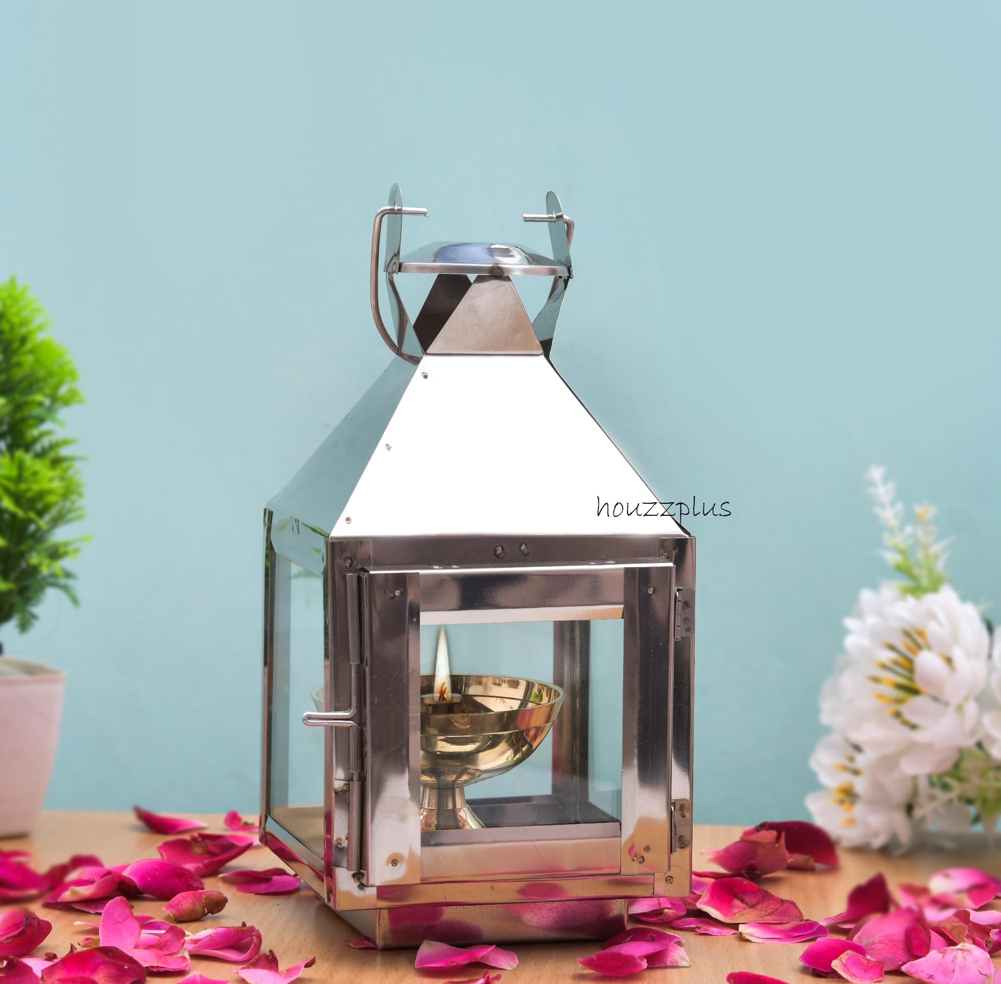 HOUZZPLUS Handicraft Akhand Diya with Glass Cover Steel, Akhand Diya for Home Temple puja, Hanging Lantern for HomeDecor (Small)