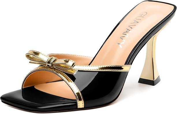 Womens Stiletto Heeled Sandals - Open Square Toe Slip-On with Bow Detail, Dressy High Heels for Work, Parties & Daily Outings