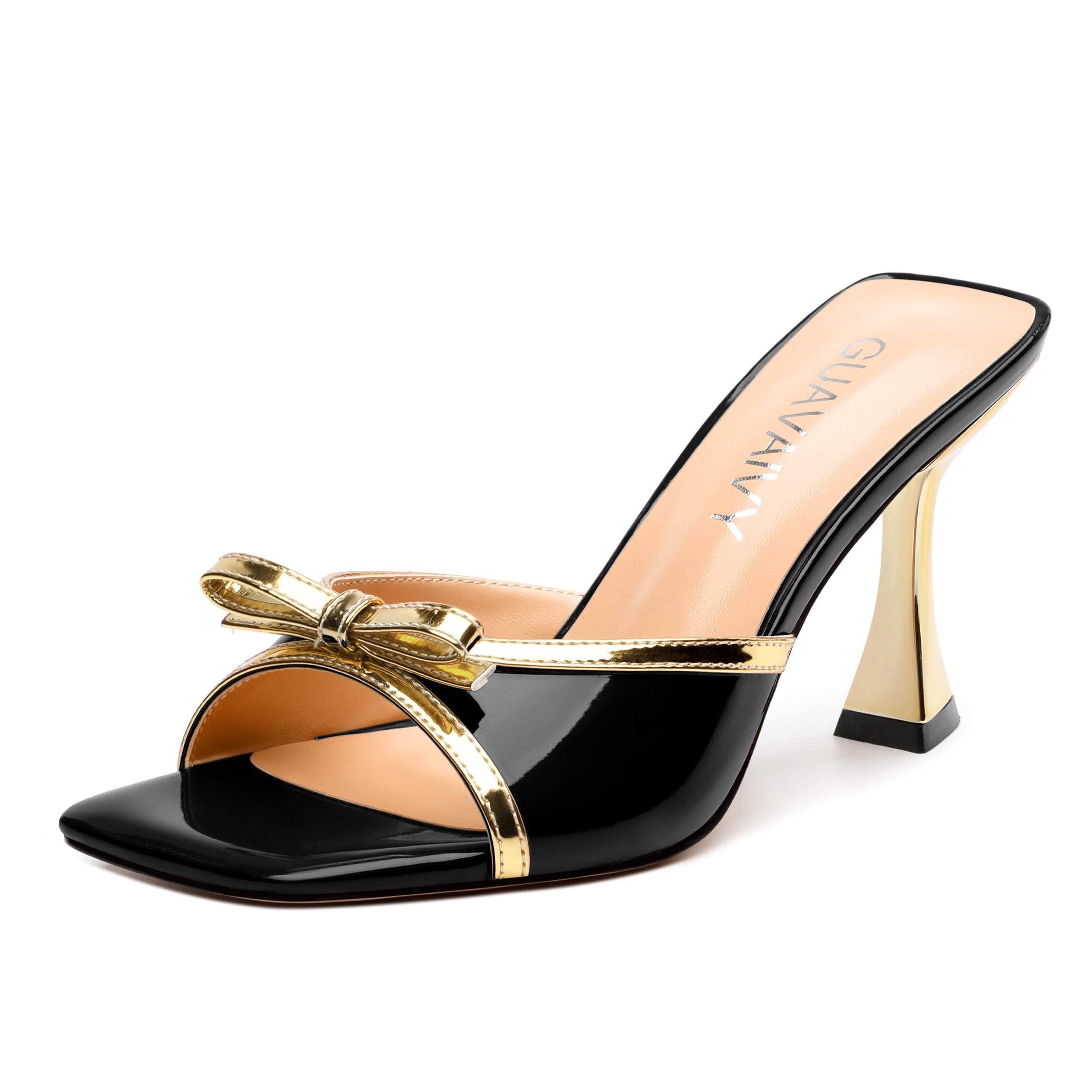 GUAVAIVY Women's Stiletto Heeled Sandals - Open Square Toe Slip-On with Bow Detail, Dressy High Heels for Work, Parties & Daily Outings