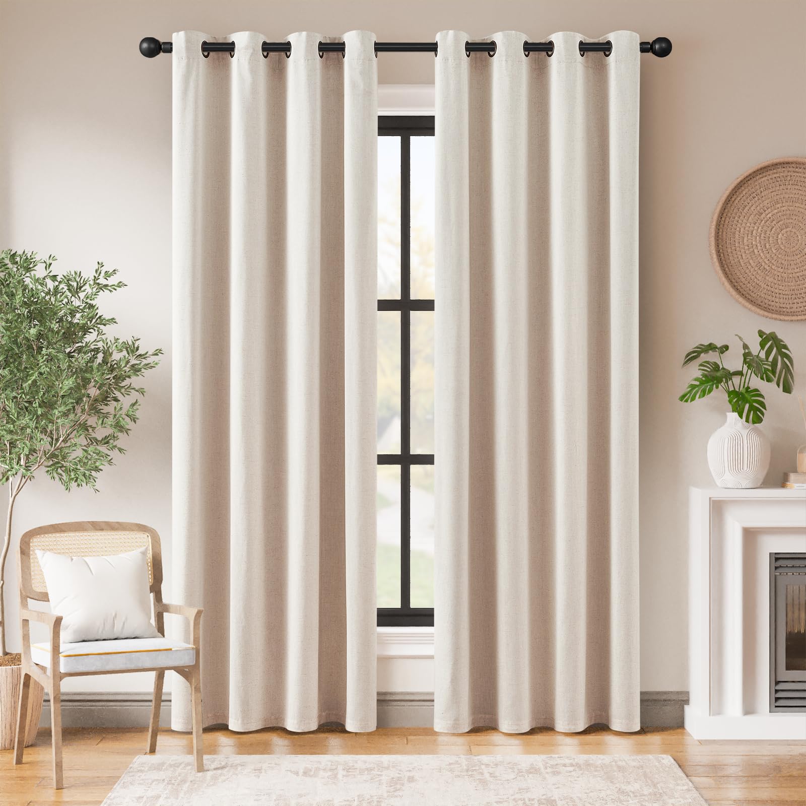 jinchan 100% Blackout Curtains 84 Inch Length 2 Panels Set Thermal Insulated Farmhouse Curtains for Bedroom Living Room Neutral Linen Drapes Light
