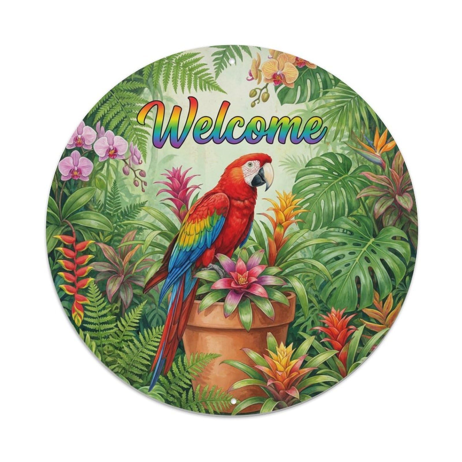 Welcome Macaw Jungle Flower Metal Tin Sign