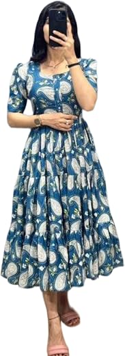 Modestouze Attires Women's Paisley Pattern Rayon Midi Dress with Half Puff Sleeve Round Neck Calf Length and Pull On Closu...