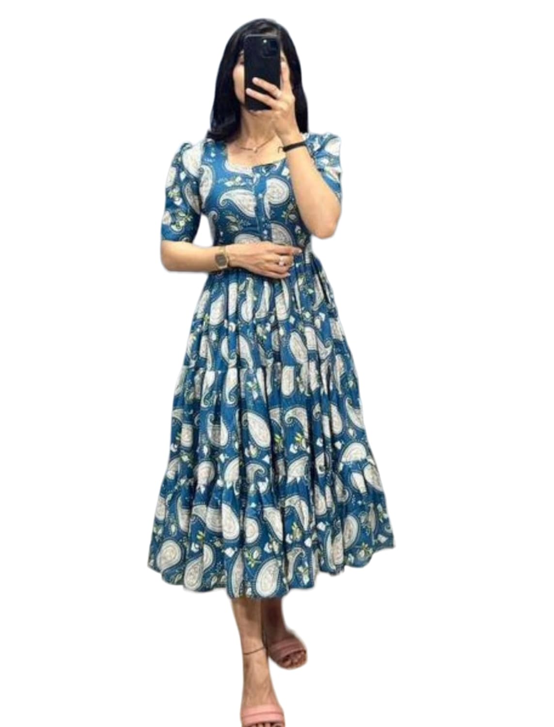 Modestouze Attires Women's Paisley Pattern Rayon Midi Dress with Half Puff Sleeve Round Neck Calf Length and Pull On Closu... - Review, Price and Buying Guide