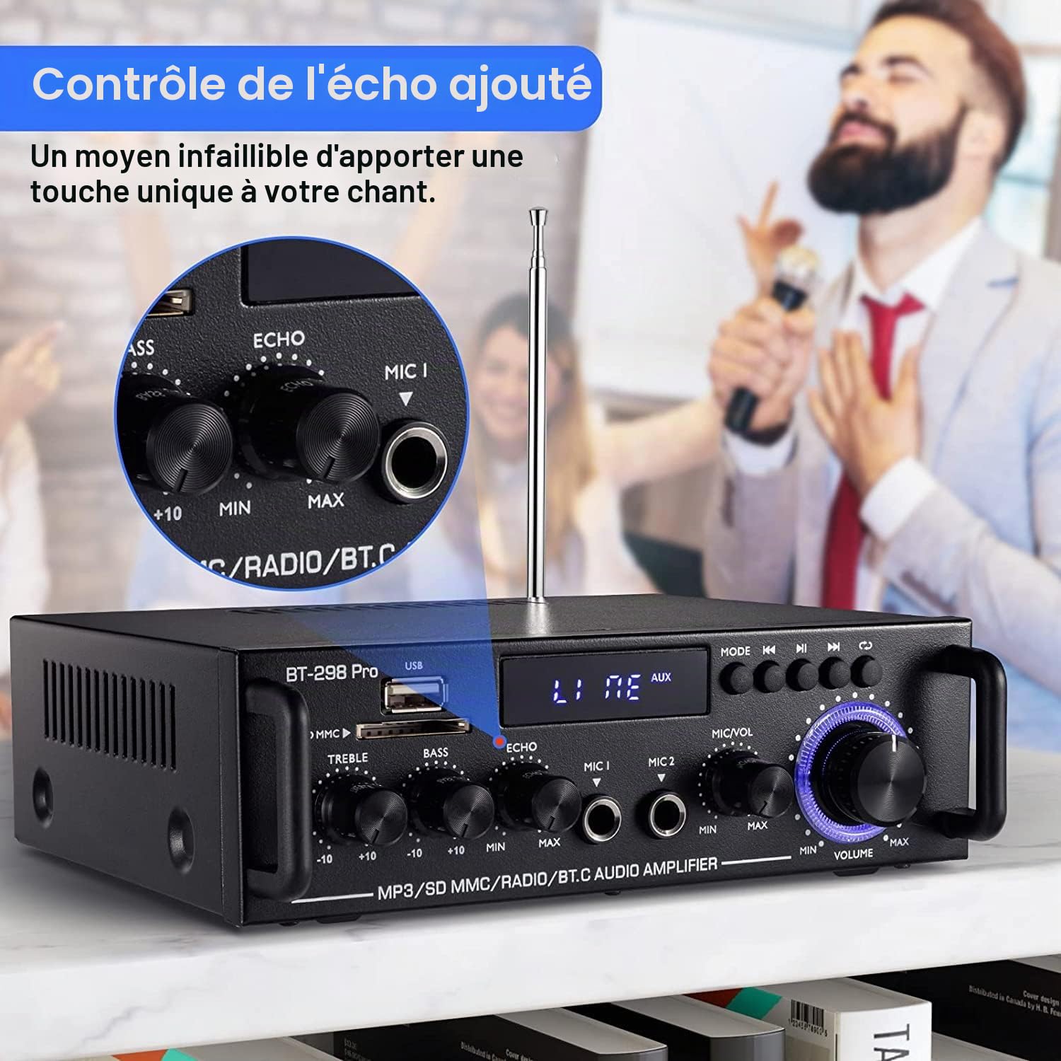 298 Pro Mini Amplificateur Bluetooth 5.0, Audio HiFi 2 Canaux, Max 500W x 2 RMS, 50W x 2, Récepteur Stéréo, Aigus et Basses Avec USB/RCA/MIC/FM
