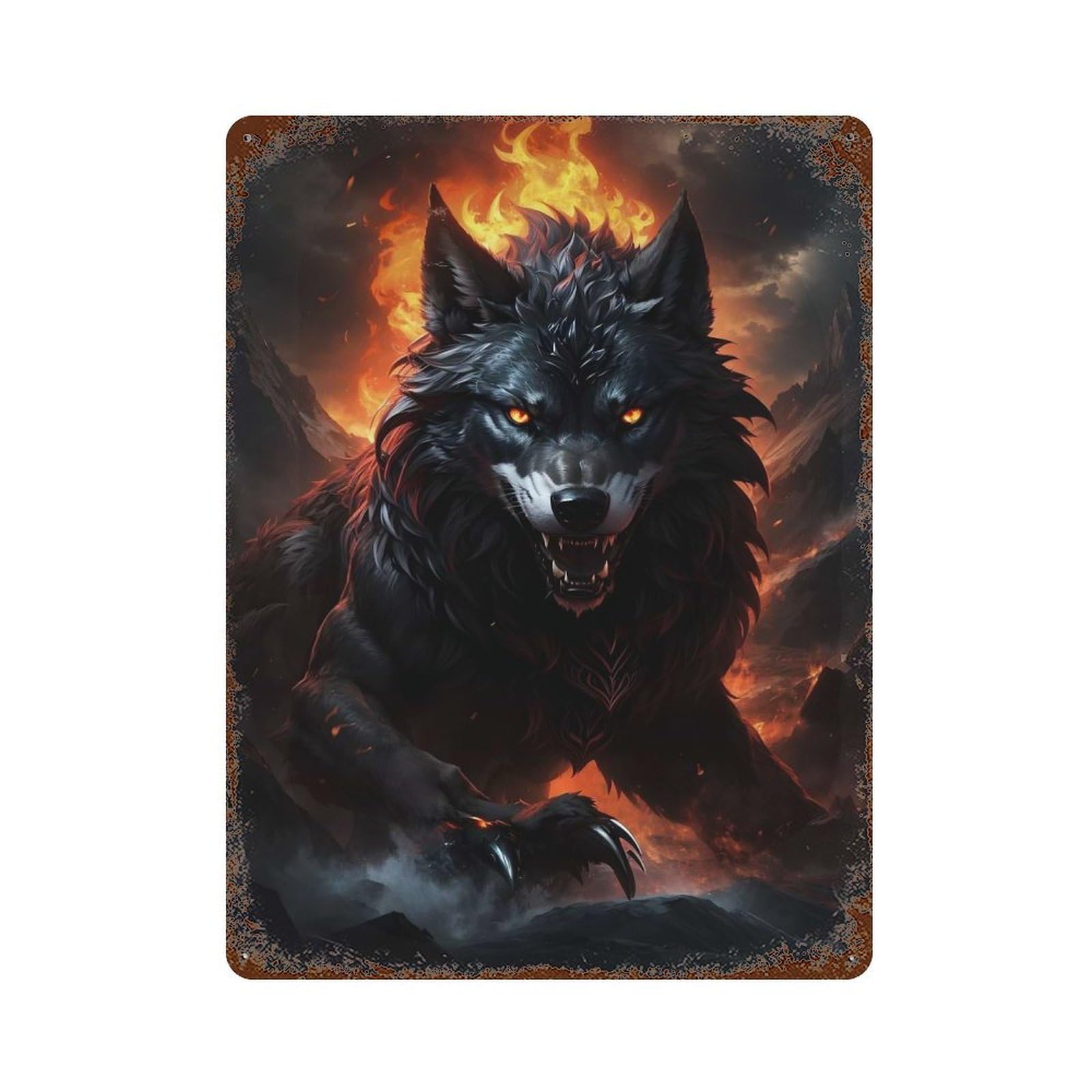 Rust Effect Tin Sign with Giant Wolf Red Eye Design 15.7"x11.8", for Pub, Kitchen And Man Cave Decor, Industrial Home Decor