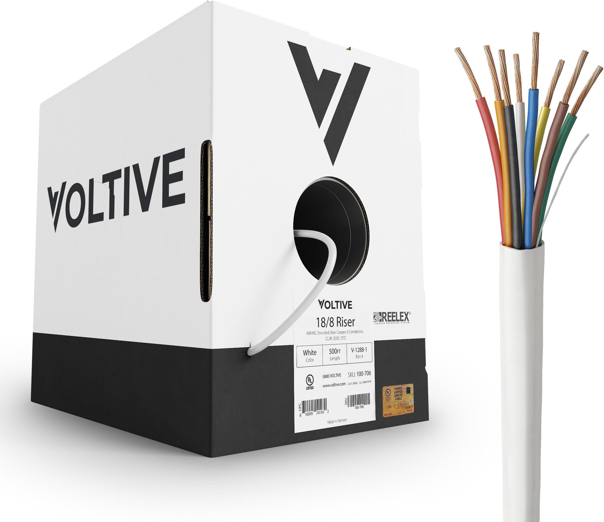 - Voltive 18/8 Low Voltage Wire, Riser CL3R, White, 500ft - 18AWG, 8 Conductors, Stranded Bare Copper, UL Listed - V-1288-1