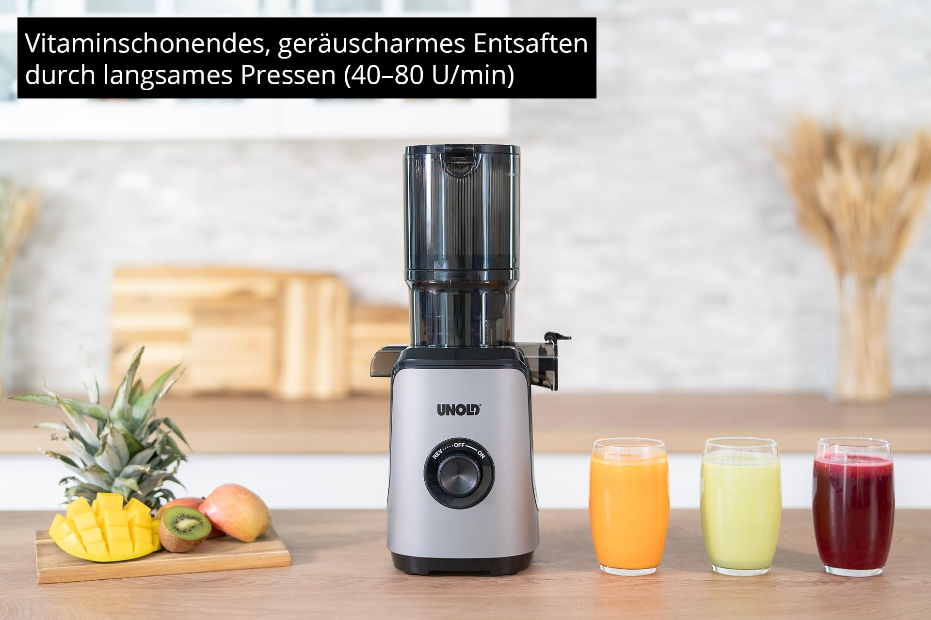 Unold 78275 Slow Juicer Sam, Entsafter mit großem Einfüllschacht und 300W Motor für Obst, Gemüse, Smoothies und Sorbets, mit 110 mm Einfüllöffnung, Leicht zu Reinigen, 800ml Fassungsvermögen
