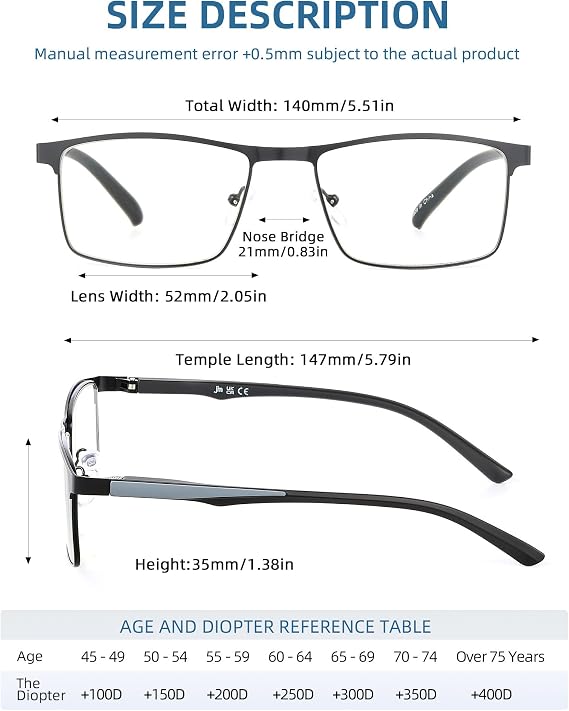 JM 5 Pack Rectangular Reading Glasses Men, Blue Light Blocking Computer Readers, Metal Thin Frame Spring Hinge Eyeglasses