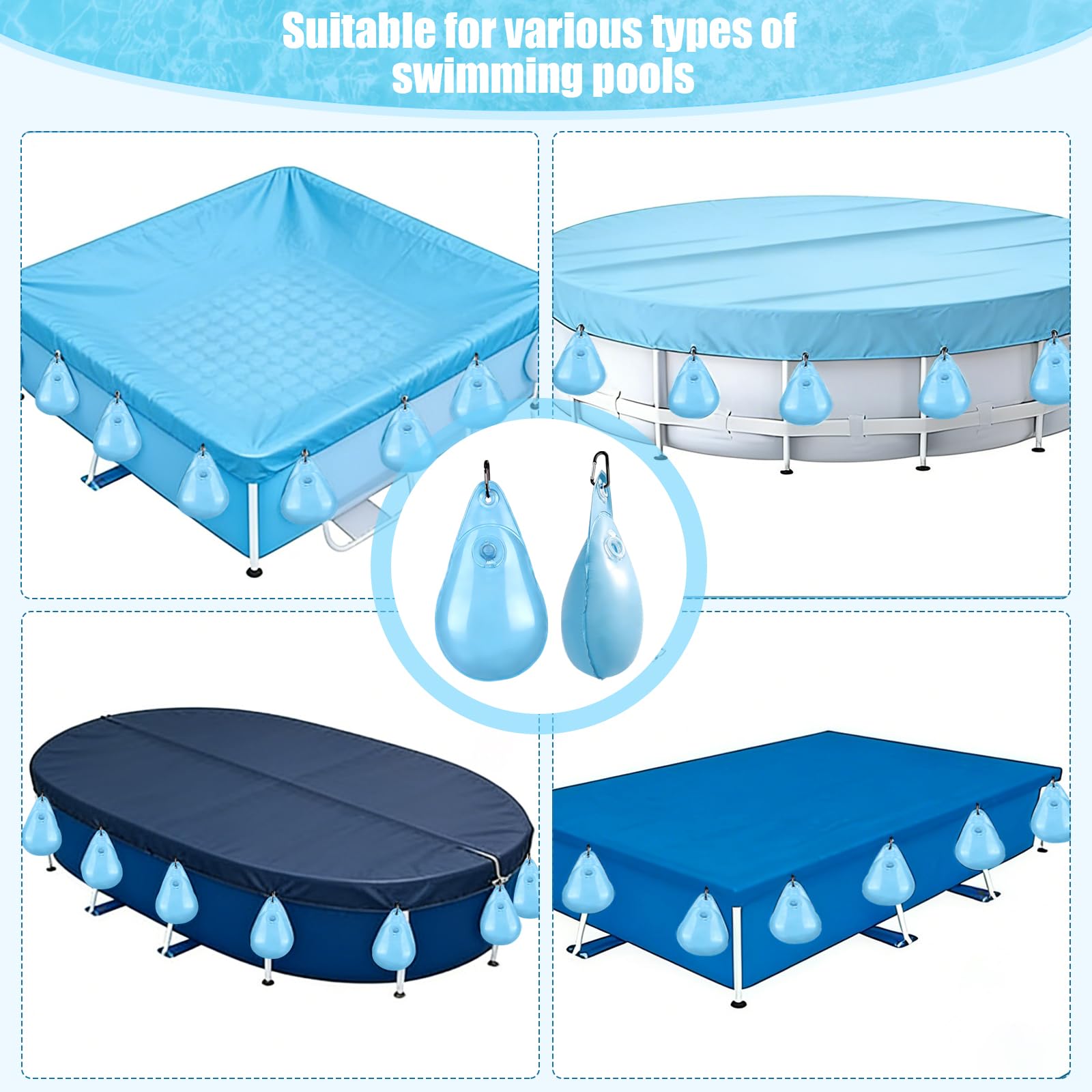 Lot de 15 sacs à eau épais en forme de goutte pour piscine - Sac de lestage pour piscine - Sac suspendu avec valve anti-fuite pour bâche de piscine