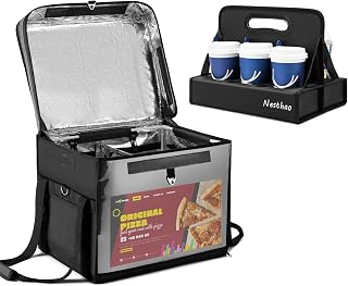 Insulated Food Delivery Bag for Delivery,Magnetic Catering Delivery Box with Cup Holders/Drink Carriers,Great for Catering,Restaurants,Delivery Drivers-XXL Fit 14'' Pizza box