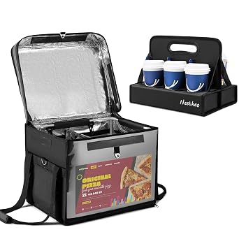 Nesthao Insulated Food Delivery Bag for Delivery,Magnetic Catering Delivery Box with Cup Holders/Drink Carriers,Great for Catering,Restaurants,Delivery Drivers-XXL Fit 14 Pizza box