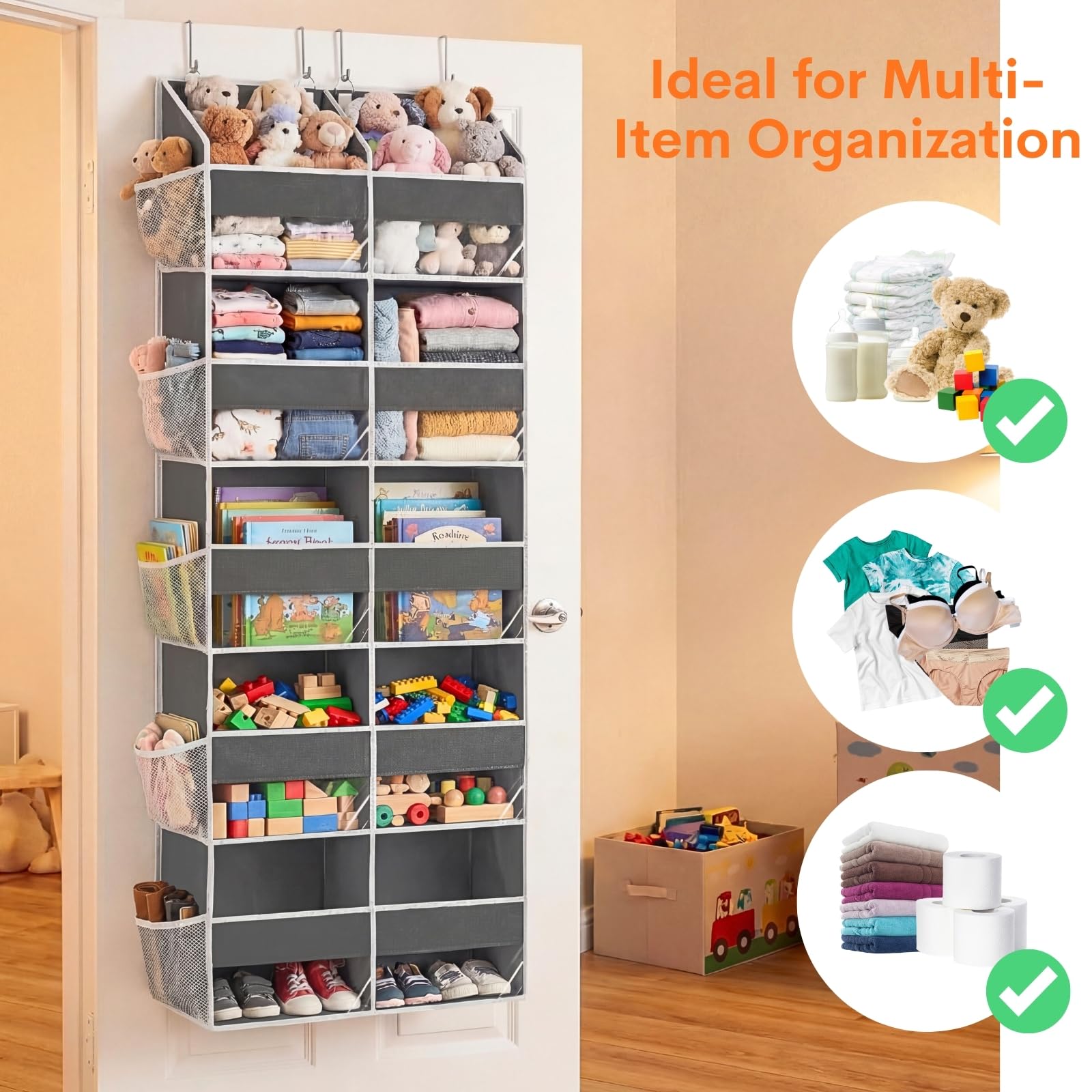 Over the Door Organizer 5 Tiers, Extra Large Achter Deuropslag van 10 Compartments, 50 lbs Gewichtscapaciteit over de deur Opslag Organizer voor Closet, Diaper Organizer, Speelgoed Opslag