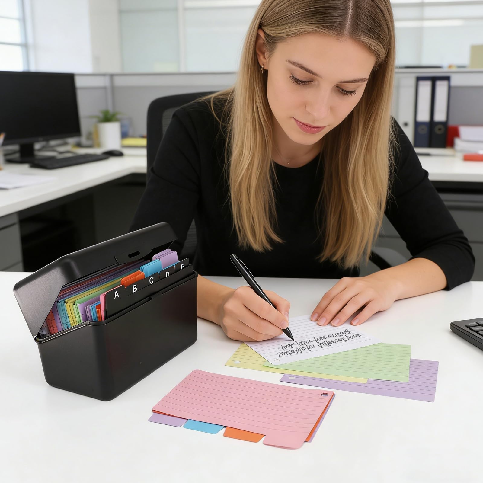 Scatola per Flashcards Nera con 400 Cartoncini Colorati A6, Schede Forate a Righe, 6 Anelli Metallici e Schede Indice A-E, Ideale per Appunti per Ufficio, Scuola, Casa Studio Appunti