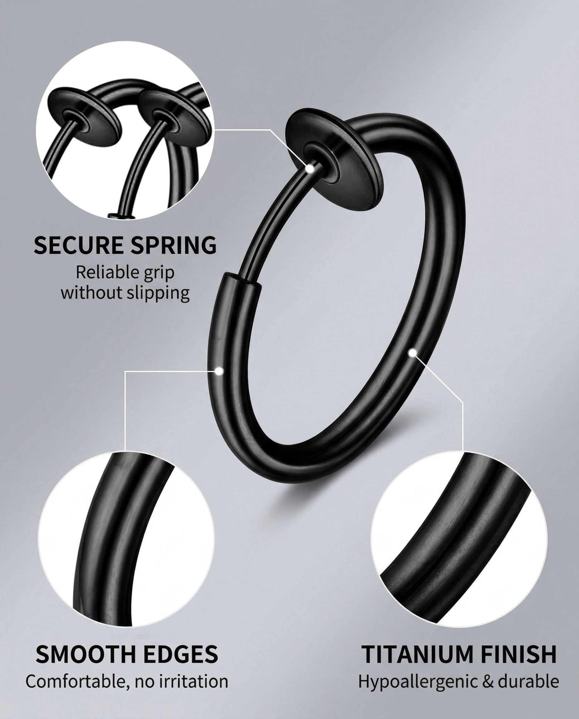Set di 4 paia orecchini finti senza buco in acciaio inossidabile, Orecchini clip, cerchio, anello ear cuff, per creare un look moderno e senza piercing, Con borsa portaoggetti, Argento/Nero