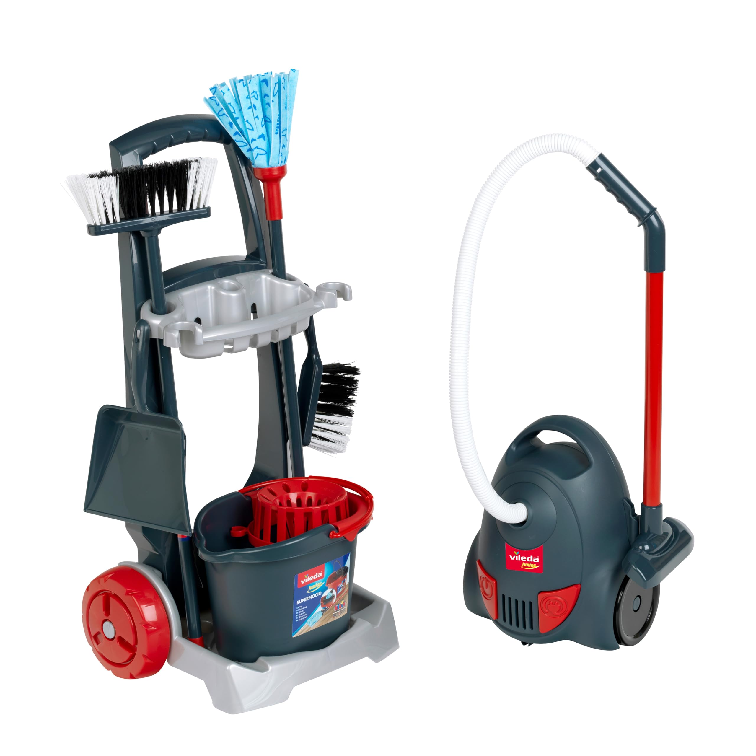 Theo Klein 6847 Aspirapolvere Vileda con Carrello per Le Pulizie | Set di Pulizia a 7 Pezzi con Suono Realistico | Giocattolo per Bambini dai 2 Anni