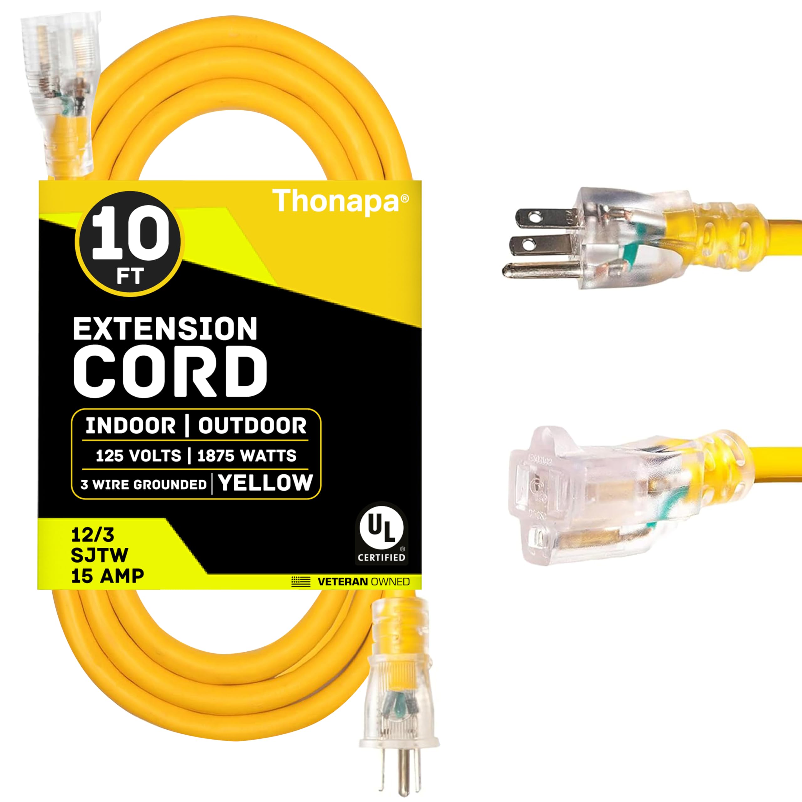 10 Foot Lighted Outdoor Extension Cord - 12/3 SJTW Heavy Duty Yellow Extension Cable with 3 Prong Grounded Plug for Safety - Great for Garden and Major Appliances