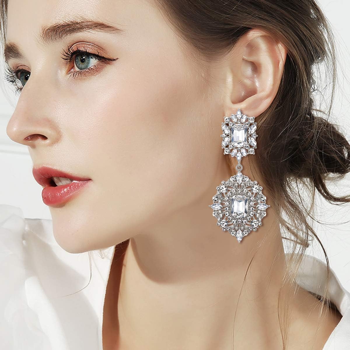 Flyonce Women's Rhinestone Crystal Wedding Art Deco Vintage Style Gatsby Chandelier Dangle Earrings - Image 2