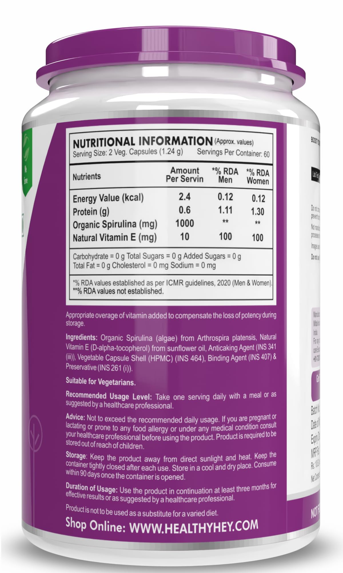 HealthyHey Nutrition Spirulina 120 Veg capsules.