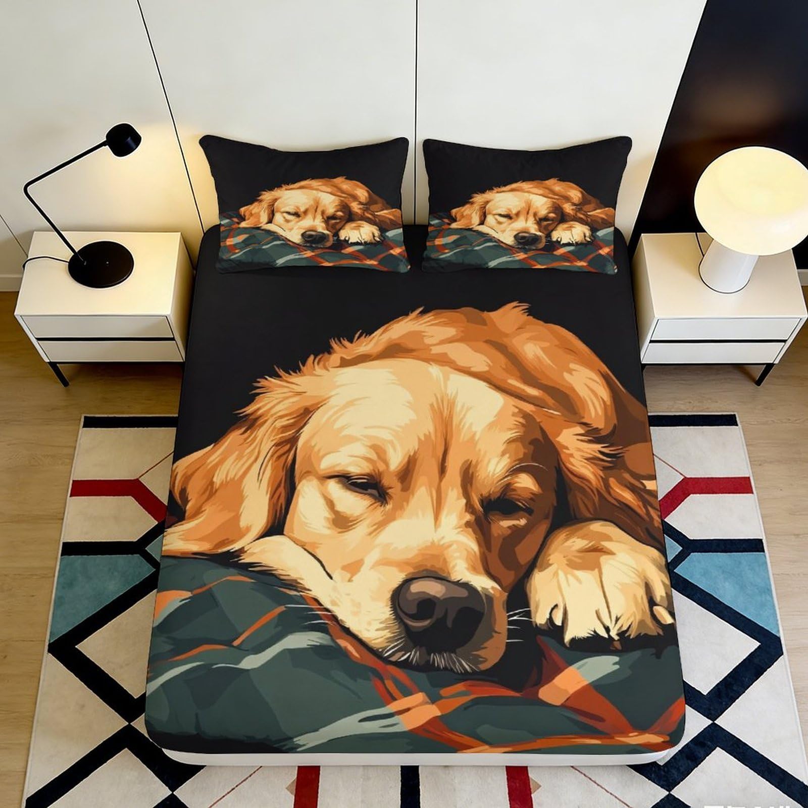 3D Printed Golden Retriever Dog Fitted Sheet Microfiber Soft Breathable Sleeping Puppy Bed Cover for Bedroom Dorm Mattress Protection Decor 160x200x25cm
