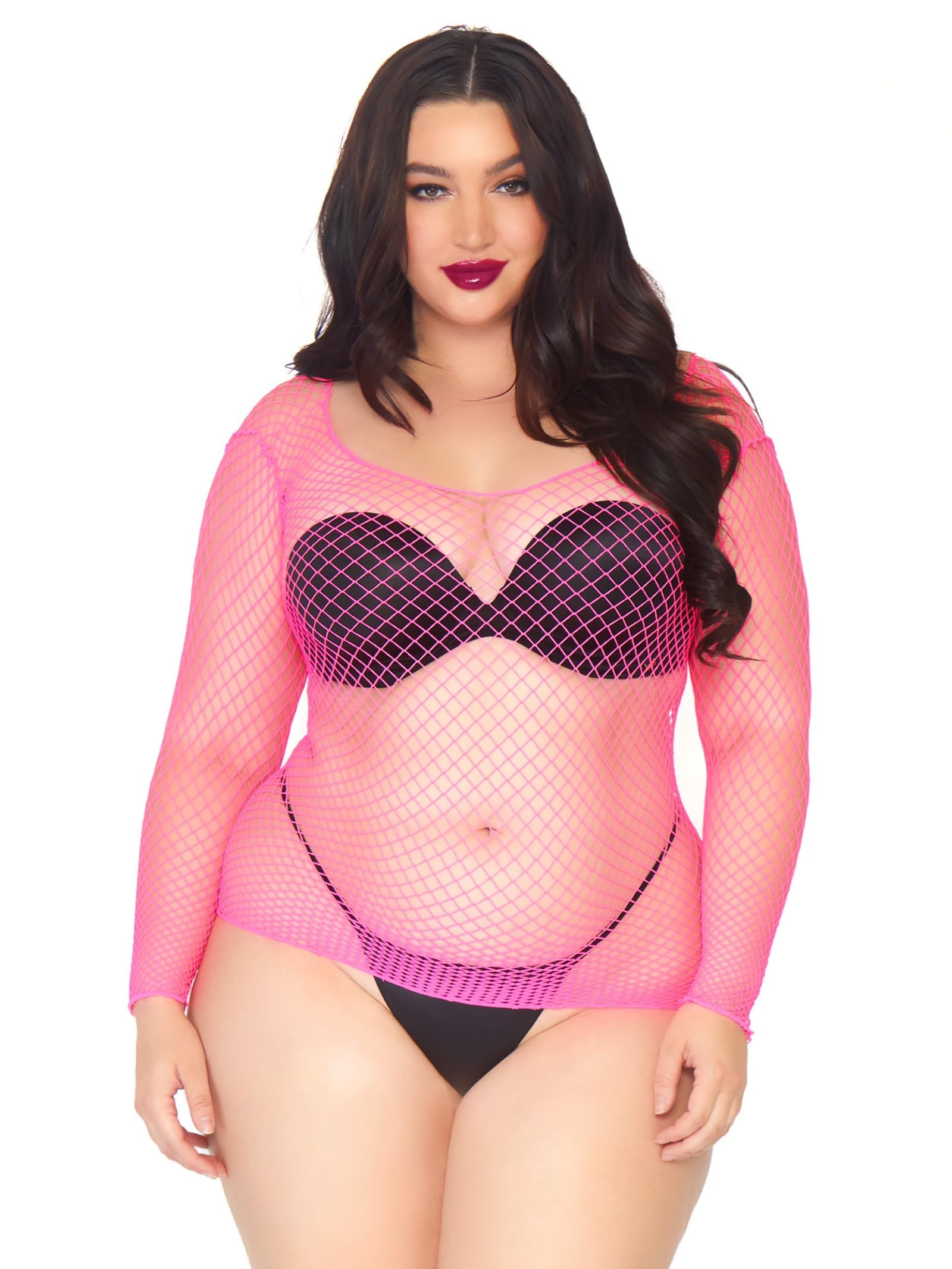Leg Avenue Sleeved Industrial Net Shirt +, Neon Pink, 1X-2X