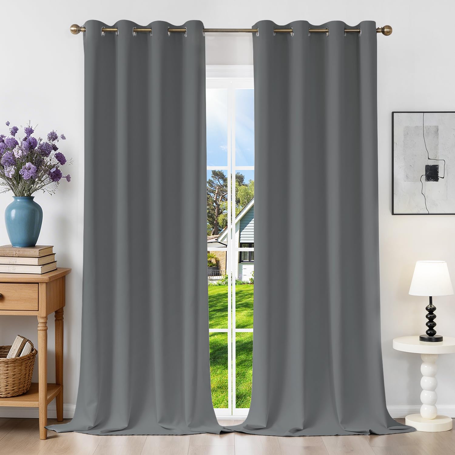 Runyéla Blackout Curtains for Bedroom Eyelet 46 x 90 Inch Drop Grey Thermal Black Out Curtain for Living Room, 2 Panels, Light Grey
