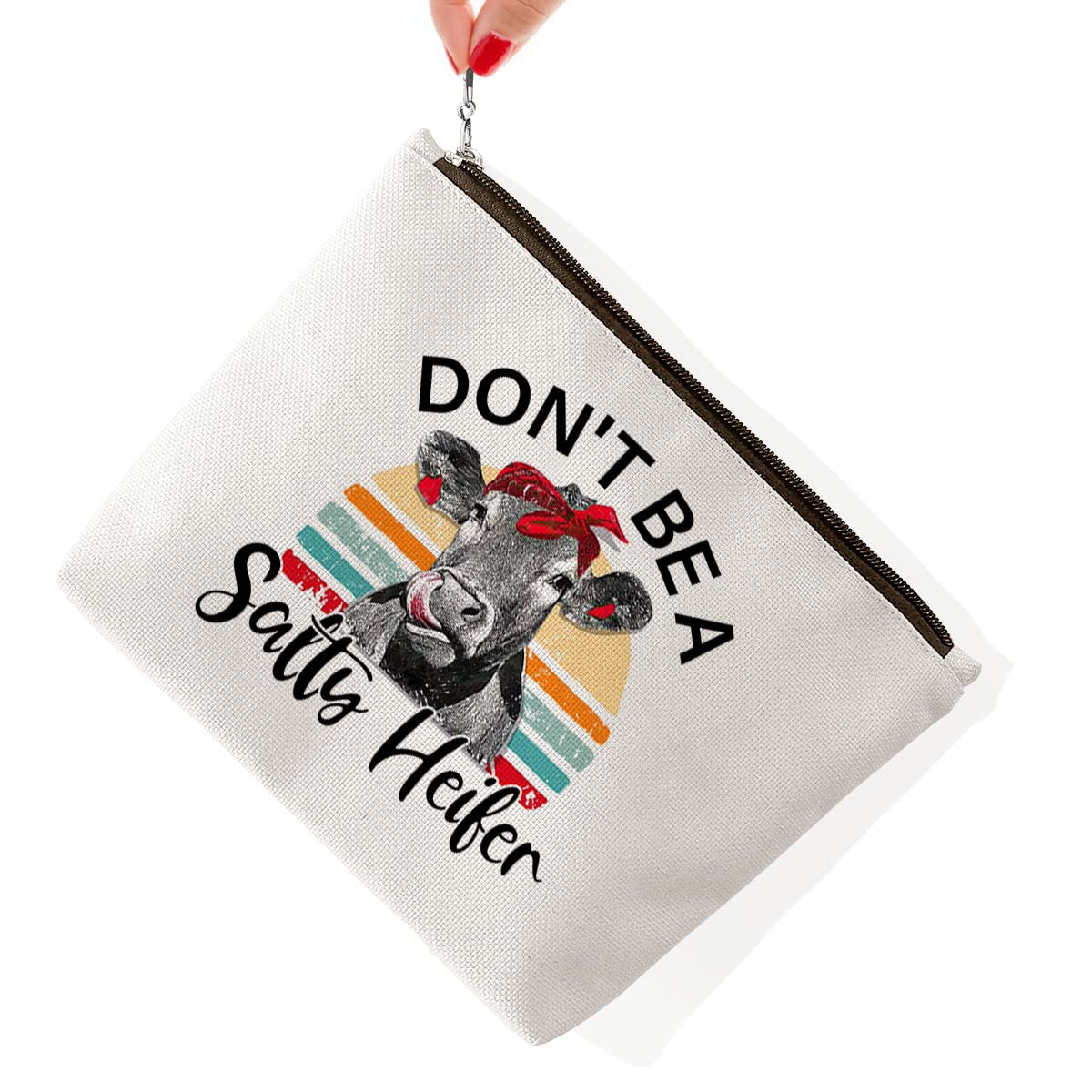 BiuNiuring Cow Gifts for Cow Lovers, Cow Gifts for Women, Crazy Heifer Cosmetic Bag, Funny Retro Sarcastic Cow Makeup Bag, Don't Be A Salty Heifer